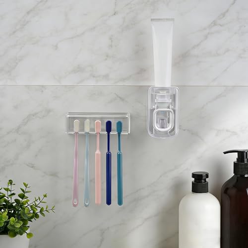 5 Slots Wall Mount Toothbrush Holder with Cover, Self Adhesive Tooth Brush Storage Organizer for Shower Bathrooms, Toothbrush Stand with Automatic Toothpaste Squeezer Dispenser - color: Clear Combination