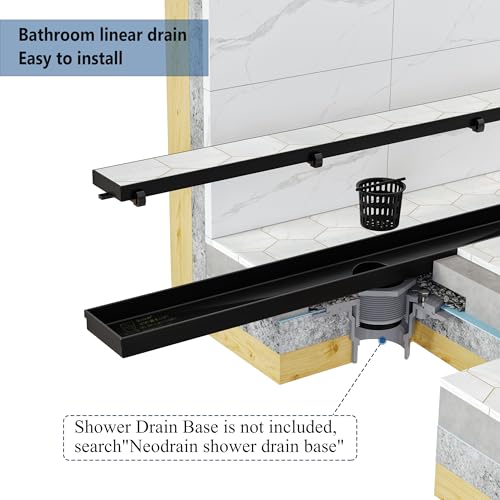 Neodrain 36-Inch Linear Shower Drain-Matte Black,with Tile Insert Grate | 304 Stainless Steel, Fast Drainage, Rectangle Shower Floor Drain with Leveling Feet & Hair Strainer, Fits Bathroom, Balcony - color: Matte Black, size: 36 IN