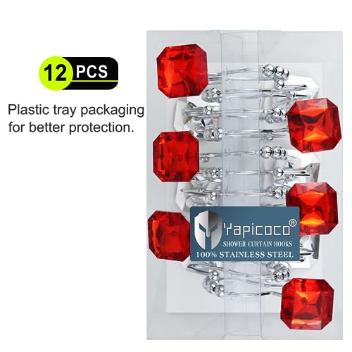 Shower Curtain Hooks Rings for Bathroom, 12PCS Double Hooks Glide Anti Rust Crystal Rhinestones Shower Curtain Rings Hangers for Shower Curtains, Clothing, Towels, etc. (Clear) (Red) - color: Red