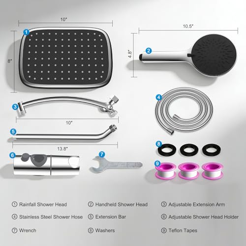 10" Rain Shower Head with Handheld, High Pressure Boosting Rainfall Showerhead with All Metal Adjustable Extension Arm, Easy Reach Shower Holder, 5 Spray Modes with Power Wash, Easy to Install, Chrome - color: Chrome