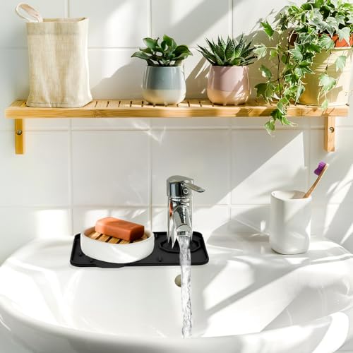 Dimeho Sink Faucet Splash Guard Mat Silicone Soap Dish Pad Faucet Handle Drip Catch Sponge Holder Sink Protector Trays for Bathroom Kitchen Countertop Gadgets Accessories 8.3 x 5.7 Inch(Black) - color: Black