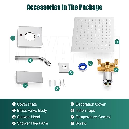 Heyalan 8-Inch Square Rain Shower Faucet Set with Valve, Polished Chrome | SUS304 stainless steel shower head, male NPT 1/2-inch valve, single-handle control, adjustable angle, 1.8 GPM - color: Chrome
