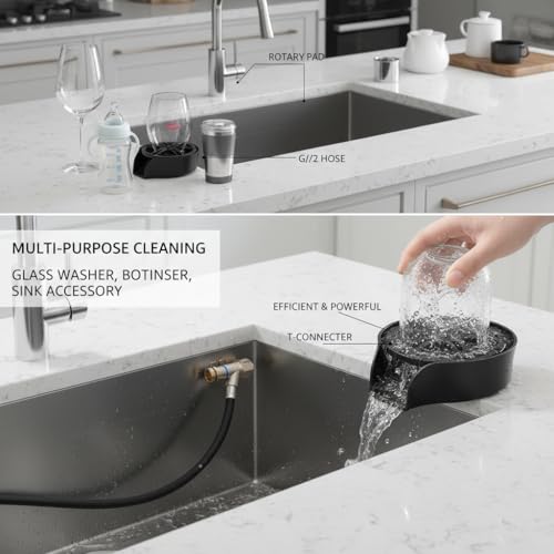 POCREATION Automatic Glass Washer Cup Rinser, 360 Degree Rotating Spout Sink Accessory Stainless Steel Bottle Washer for Bottles, Cups, Utensils Black ABS Basin (US 9/16 Hose)