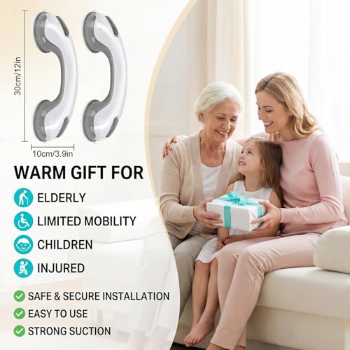 2 Pack Grab Bars for Shower - 12 Inch Suction Cup Shower Handle for Bathtubs, Strong Hold Bath Handles for Seniors, Handicap Safety Grip & Balance Assist, Tool-Free Installation