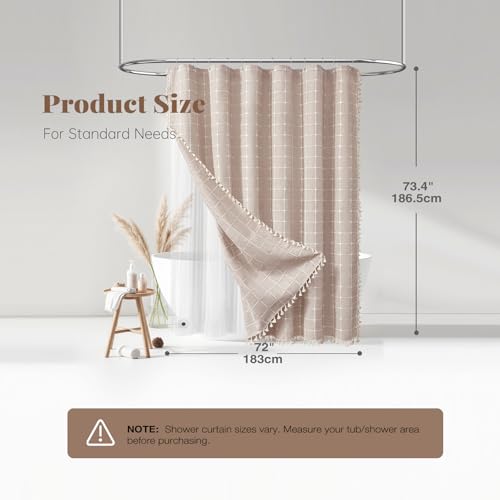 Taupe 3-in-1 Boho Linen Heavy Duty Shower Curtain with Liner, 72x72 | 330GSM Linen Blend, Waterproof Clear PEVA Liner, Heavy Duty Fabric, 12 Plastic Hooks, Rustic Bohemian Style, Machine Washable - color: Taupe With Liner, size: 72"W x 72"L (Pack of 1)