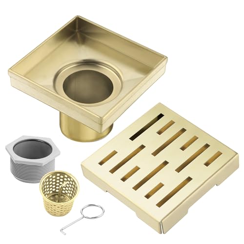 Square Shower Drain 4 inch, Brushed Gold 304 Stainless Steel Floor Drain for Bathroom, Removable Tile Insert Grate Includes Hair Strainer - color: Brushed Gold