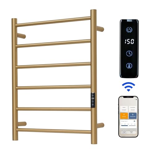 Electric Towel Rack with Voice Control for Alexa & Google Home,TUYA-Wall-Mounted Bathroom Heating Towel Warmer,Plug-in,26.77x20.47x4.39in,Stainless Steel Material,Gold,6 Bars - color: Gold With Wifi, size: 6 Bar