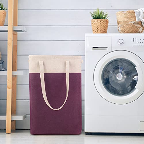 Laundry Basket with Handles Beige&Burgundy Slim Laundry Bin Collapsible Dirty Clothes Basket Narrow Laundry Bag Foldable Dirty Hamper for Camping, Dorms, Apartments - color: Beige&Burgundy
