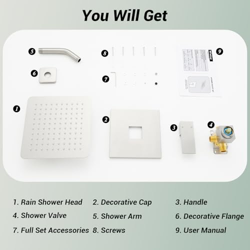 Shower Faucet Set with Valve, 8 Inch Square Rain Shower Head,Brushed Nickel | SUS304 Stainless Steel, Brass Rough-in Valve, Single Handle, Air Pressure Boost, Shower Trim Kit, Male Threads - color: Brushed Nickel