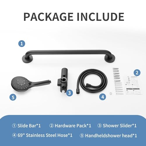 BRIGHT SHOWERS Stainless Steel Slide Bar Grab Rail Set Ada Compliant, 5-Spray Handshower with Slide Bar Kit – Includes Handheld Shower Head and 69-Inch Hose, Matte Black - color: Matte Black