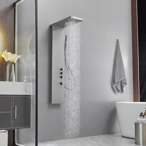 Shower Panel Tower System, Brushed Nickel | Stainless Steel, Multifunction Shower Tower System, Bathroom Rainfall Shower Head Hand Shower and Large Area Body Spray - color: Brushed Nickel, style: 3 IN 1 Shower Panel