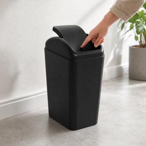 Slim Trash Can, 4.2 Gallon Black Swing Lid Garbage Bin | Space-Saving Narrow Design, Black Plastic, Swing-Top Cover Helps Contain Odors, for Bathroom, Bedroom, Office - color: Black