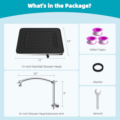 Hibbent Rain Shower Head, 13'' High Pressure Rainfall Square 5 Spray Mode Showerhead with 16" Shower Head Extension Arm, Solid Brass Adjustable Shower Arm Extender, Waterfall fixed Showerheads, Chrome - color: Chrome, style: Square 13'' with Arm