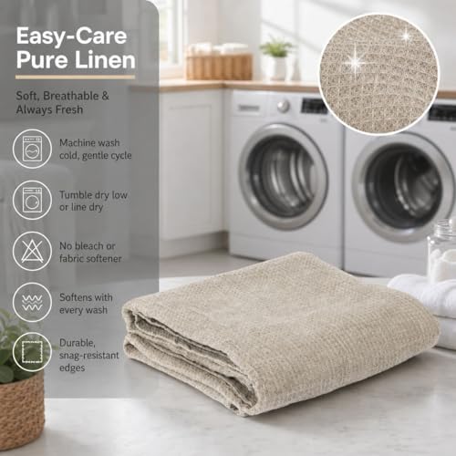 Pure 100% Flax Linen Blanket – 50x60-inch Linen Throw Blanket Waffle Weave – Breathable Cooling Blanket – Versatile Beach Blanket – Pre-Washed Lightweight European Flax - color: Natural Linen, size: Throw Blanket