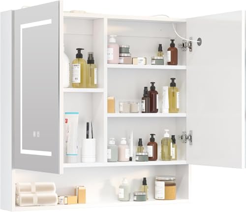 Lighted Medicine Cabinet with 2 Doors,Large Led Medicine Cabinet with Mirror,Anti-Fog, Wall-Mounted Bathroom Mirror with Storage,Brightness Adjustable,31.5" Wx30 H