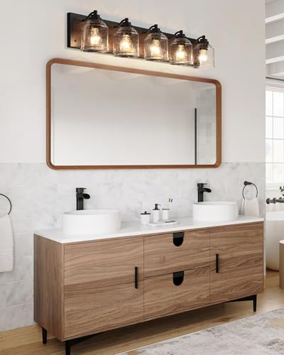 5-Light Bathroom Vanity Lights Large 40" with Bubble Glass Shades | Farmhouse Rustic style, Hand-Painted Brown Wood-Grain Metal Backplate, E26 Ceramic Socket, UL&ETL, mount up/down, over mirror - color: Brown, size: 5-Light