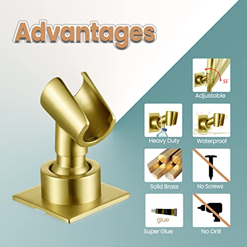 Shower Head Holder Handheld Shower Wand Holder Adjustable Shower Head Bracket Shower Wall Mount Holder, Brushed Brass/Gold Finish, Drill Free Glue Installation - color: Brushed Gold