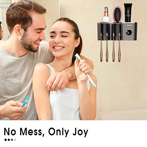 iHave Toothbrush Holders for Bathrooms Wall Mounted with Dispenser & 2 Cups | 6 Slots Wall Mount Toothbrush Holders for Bathrooms with Squeeze Toothpaste Dispenser, 2 Cups & 2 Compartments Organizer - color: Black 2 Cups