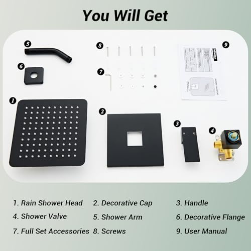 Shower Faucet Set with Valve, 8 Inch Square Rain Shower Head, Matte Black | SUS304 Stainless Steel, Brass Rough-in Valve, Single Handle, Air Pressure Boost, Shower Trim Kit, Male Threads - color: Matte Black