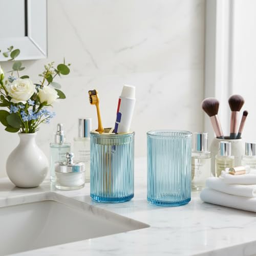 Toothbrush Holders for Bathrooms, 2pcs Blue Glass Toothbrush Holder, Bathroom Toothbrush Cup and Toothpaste Holder with Gold Divider, Tooth Brush and Toothpaste Organizer for Countertop - color: Blue Gold
