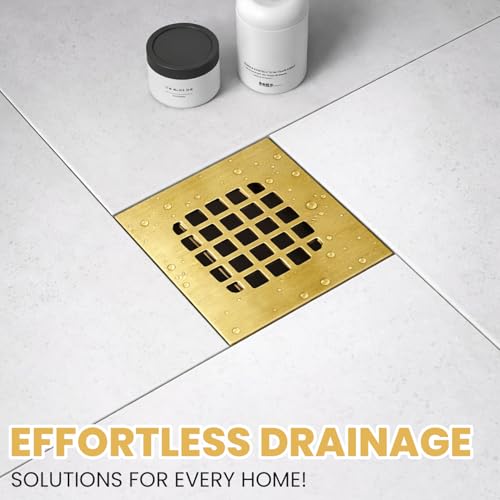 4-1/4” Square Snap-in Brushed Gold Shower Drain - Durable Replacement - 4.25 inch Durable Floor Cover -Snap-in Prongs - Easy Installation Universal Grate Stainer - color: Brushed Gold