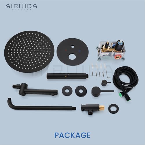 Airuida 3-Function Shower System with Tub Spout – Round Rainfall Shower Faucet Combo,Handheld Spray with 2 Functions,Includes Rough-In Valve with 360° Rotating Drain,12 Inch Shower Head,Matte Black - color: Matte Black, size: 12 Inch