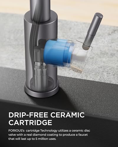 FORIOUS Kitchen Sink Faucet, Pull Down Sprayer, Classic High Arc, Grey | Lead-Free Stainless Steel, Single Handle Commercial Spring Kitchen Faucets for Laundry Utility Room, Outdoor Farmhouse Camper - color: Gray