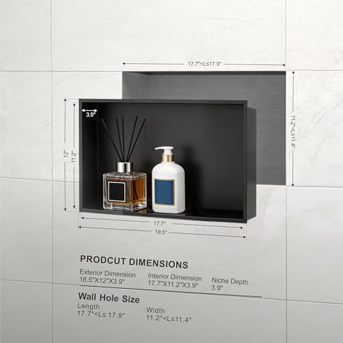 Achelous Stainless Steel Insert Shower Niche 18" X 12" NO Tile Needed, Bathroom Wall Niche Recessed Shower Shelf Organizer, Wall-Inserted Niche Recessed Shower Caddy, Matte Black - color: Matte Black, size: 18" X 12"