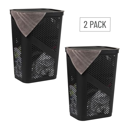 Mind Reader Slim Laundry Hamper with Lid, 60L Ventilated Clothes Baskets, Tapered Design for Bathrooms, Closets, Plastic, Set of 2, Black - color: Black, size: 2-Pack