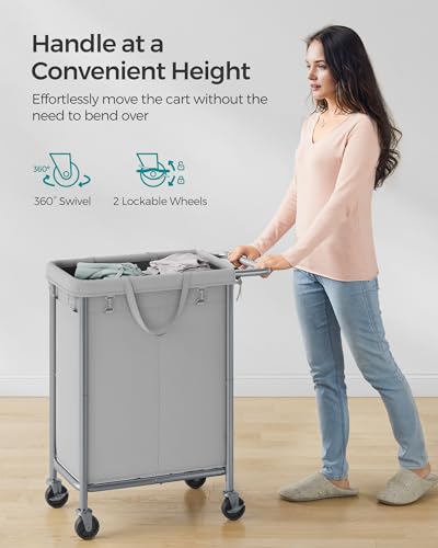 SONGMICS Laundry Basket with Wheels, Rolling Laundry Hamper, 23.8 Gallons (90 L), Removable Liner, Steel Frame with Handle, 24 x 11.4 x 31.9 Inches, Dove Gray URLS003G01 - color: Dove Gray, size: 90 L (1-Section)