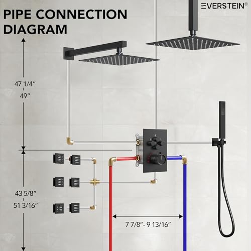 12" High-Pressure Rainfall Shower Faucet with Valve for Bathroom, Dual Rainfall Shower Head System with 6 Body Jets (Matte Black) | High-Pressure, Dual 12" Rainfall Shower Head System, 6 Body Jets, Rough in-Valve - color: Matte Black