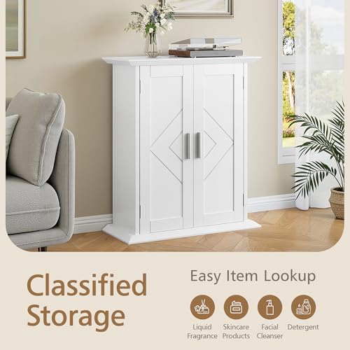 VECELO Freestanding Bathroom Storage Cabinet, Small Floor Cabinet with Doors and Adjustable Shelves, for Kitchen, Living Room, Laundry Room, Entryway, 21.1 x 8.78 x 24.02 Inches, White