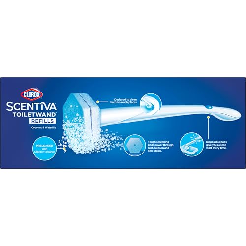 Clorox Scentiva ToiletWand Refills, Coconut and Waterlily, 10 Count | Disposable Toilet Brush Scrubbing Pads, Eliminates Hard Water and Lime Stains 2X Better than a Manual Brush