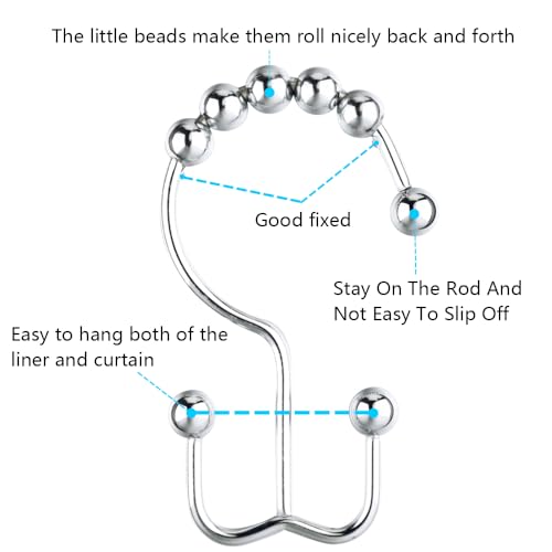 DAWNER Shower Curtain Hooks, Rust Proof Metal Easy Glide Double Rings, Stainless Steel Hangers for Bathroom Curtains, Set of 12, Polished Chrome - color: Chrome