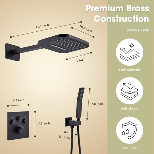 TRUSTMI 10" Shower System with Thermostatic Valve, Rainfall, Matte Black | Solid brass system with push-button diverter for waterfall and handheld spray. Anti-scald safety lock protects the family - color: Matte Black