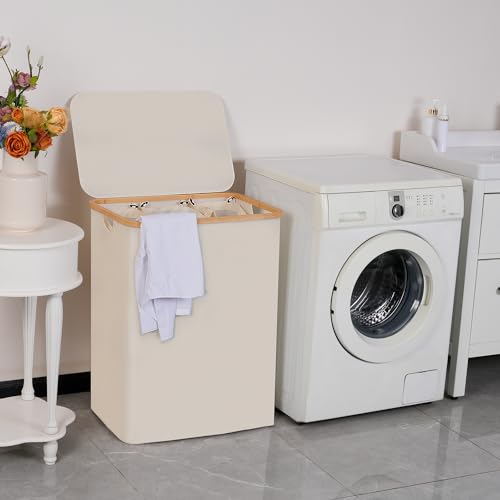 efluky Laundry Hamper with Lid, Trio Laundry Basket with 2 Removable Bags, 3 Section Laundry Bin with Bamboo Handles for Bathroom, Bedroom & Laundry Room, 160L (42.3 Gallon) Beige - color: Beige, size: 160L Trio