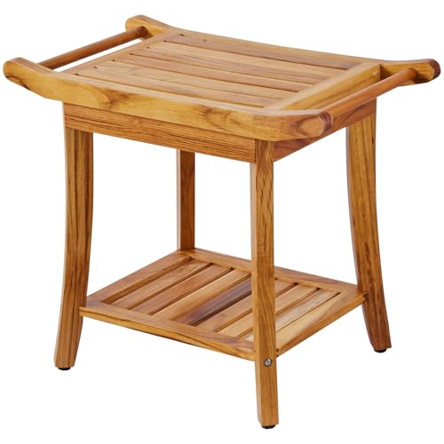 VEVOR Teak Shower Bench, 22 x 14.4 x 18.5 in, Waterproof Wood Shower Stool with Storage Shelf Handle Non-Slip Feet, 300 lbs Maximum Load Capacity Shower Chair Seat, for Bathroom Indoor and Outdoor Use - size: 22in