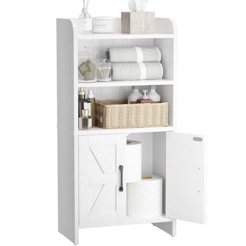 Small Bathroom Storage Cabinet, Farmhouse Freestanding Toilet Paper Storage with 2 Doors and Shelves, Slim Bathroom Storage Cabinet for Small Spaces, White, 7.9" D x 14.2" W x 29.5" H