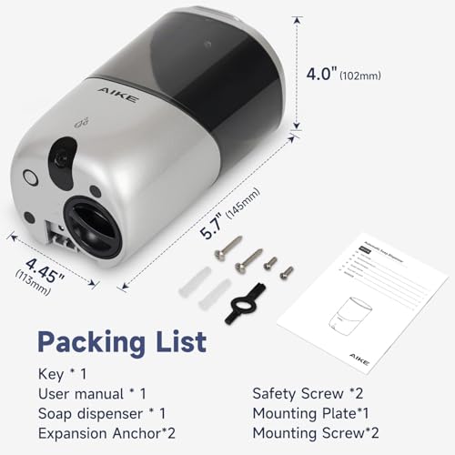 AIKE Liquid Automatic Soap Dispenser,Power by 4*AA Batteries for Bathroom | 5-level adjustable for Home and Small Business(Batteries Not Included),No-Drill and Screw Wall Mount for Space-Saving,AK1216 - color: Silver