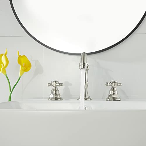 2 Handles 3 Holes Faucet Widespread Bathroom Sink Faucet Brushed Nickel Basin Tap Mixer Faucet Matching Pop Up Drain - color: Brushed Nickel, style: Ceramic Cover