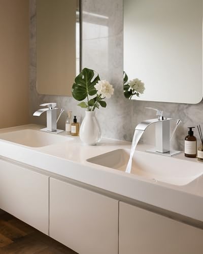 Brushed Nickel Waterfall Bathroom Faucet Single Handle with Lift Rod Drain | Bathroom Sink Faucet,Stainless Steel,supply hoses Deck included,1 or 3 Hole,Fits home,RV,farmhouse bathrooms - color: A-Brushed Nickel, style: with Lift Rod Drain