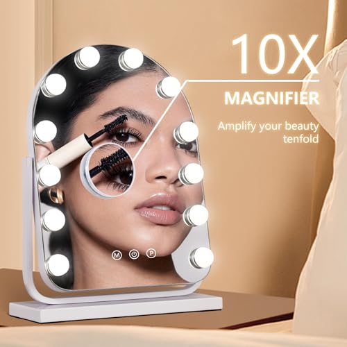 Makeup Mirror with Lights-3 Modes,Smart Touch Control,Detachable 10X Magnification,15.7"×11.8" Hollywood Vanity,360° Rotation (White) - size: 15.7"L x 11.8"W