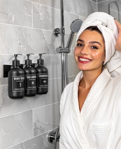 Luxspire 17oz Shampoo and Conditioner Dispenser 3 Sets for Bathroom, Black | Matte PET bottle, no-drill stainless bracket, detachable pump, dual wall/counter install with classification stickers - color: Matte Black