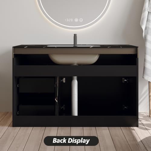35.2 Inch Floating Bathroom Vanity with Ceramic Sink Combo, Modern Wall Mounted Bathroom Cabinet with 2 Soft-Close Doors & 2 Drawers, Faux Marble Top, Black - color: Black