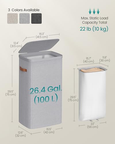SONGMICS Laundry Basket, 26.4 Gal. Laundry Hamper, Easy Assembly, with Lid and Handles, Removable Liner, 16.5 x 12.6 x 29.5 Inches, Dove Gray ULCB811GD01 - color: Dove Gray, size: 100 L (1-Section)