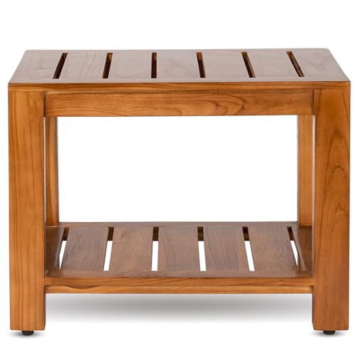 Teak Shower Bench with Shelf, 24” Wide, Shower Stool, Fully Assembled Bathroom Shower Seat, Water-Resistant Spa Bath Bench for Shower, Bathroom & Entryway, The Tara