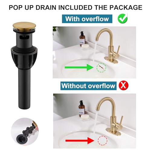 Gold Bathroom Faucets with Pop-Up Drain, Modern Single Hole Bathroom Sink Faucet with Deck Plate Single Handle Lavatory Faucets Brushed Gold Bar Vanity Faucet - color: Light Gold