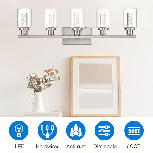 MELUCEE 5-Light Modern LED Vanity Lights for Bathroom Brushed Nickel | 5CCT Dimmable Bathroom Vanity Light Fixtures with Crystal Bubble Clear Glass Shade,3000K-6000K, Built-In LED Chips - color: Brushed Nickel, size: LED-5 Lights