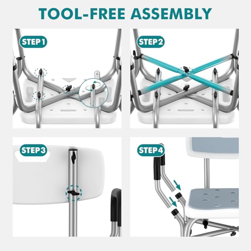 VFAUOSIT Shower Chair with Removable Arms and Back, 550 lb Adjustable Seat | Dual X-Brace Support, Non-Slip Feet, 12 Quick-Drain Holes, Tool-Free Assembly, Wide EVA Cushion, Rust-Resistant Frame - color: Gray
