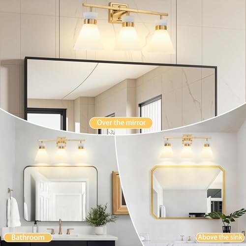 Brushed Gold Bathroom Vanity Lights, 3-Light Bathroom Light fixtures Over Mirror, Modern Vanity Lighting Fixtures with Frosted Glass Shades E26 Base,Wall Mount Scones for Mirror (Bulbs Not Included) - color: Gold